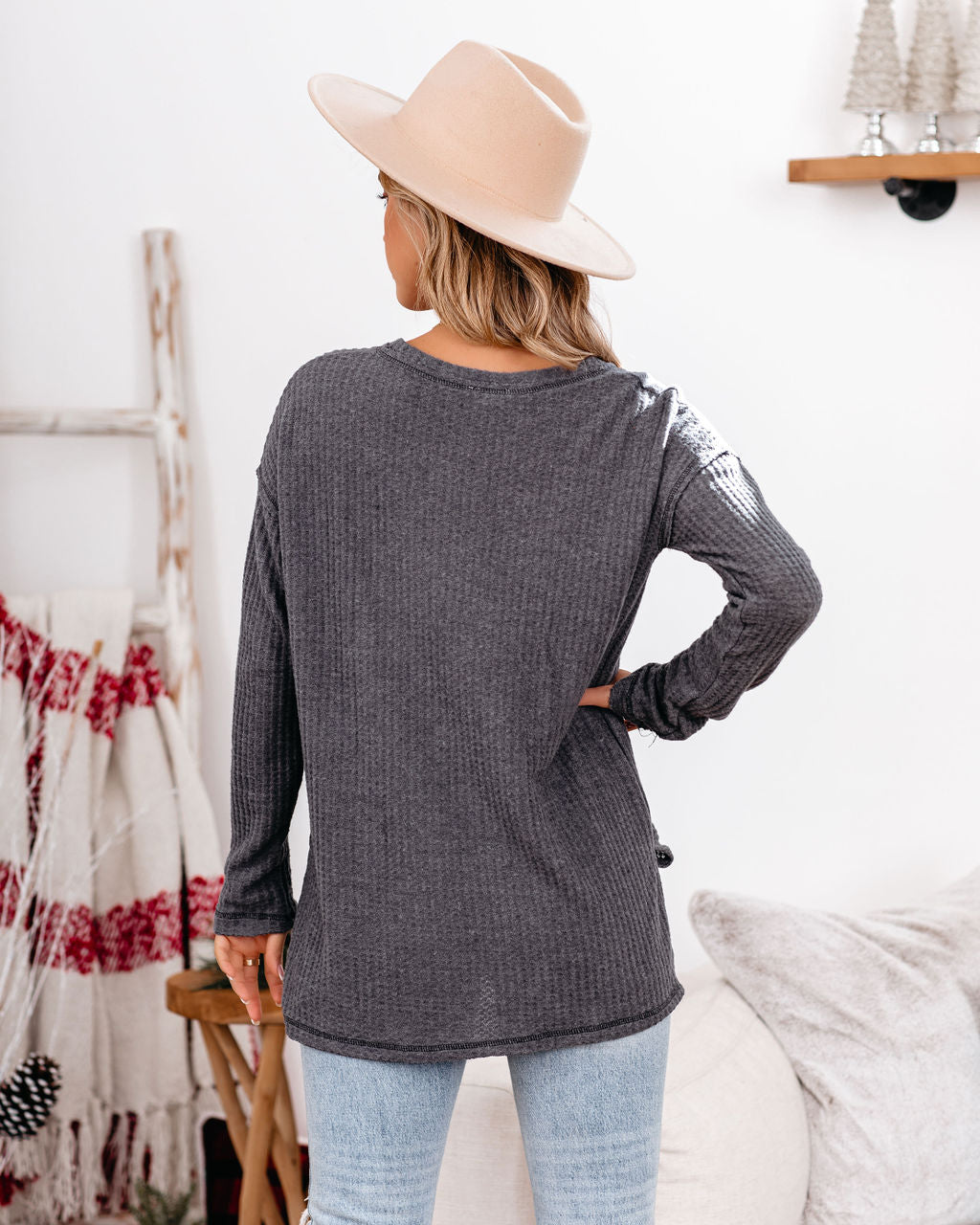 Cordelia Thermal Knit Top - Carbon LA M-001