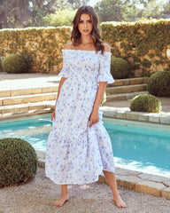 Dasha Cotton Floral Off The Shoulder Maxi Dress - Blue - FINAL SALE JUST-001