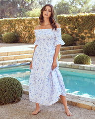 Dasha Cotton Floral Off The Shoulder Maxi Dress - Blue - FINAL SALE JUST-001