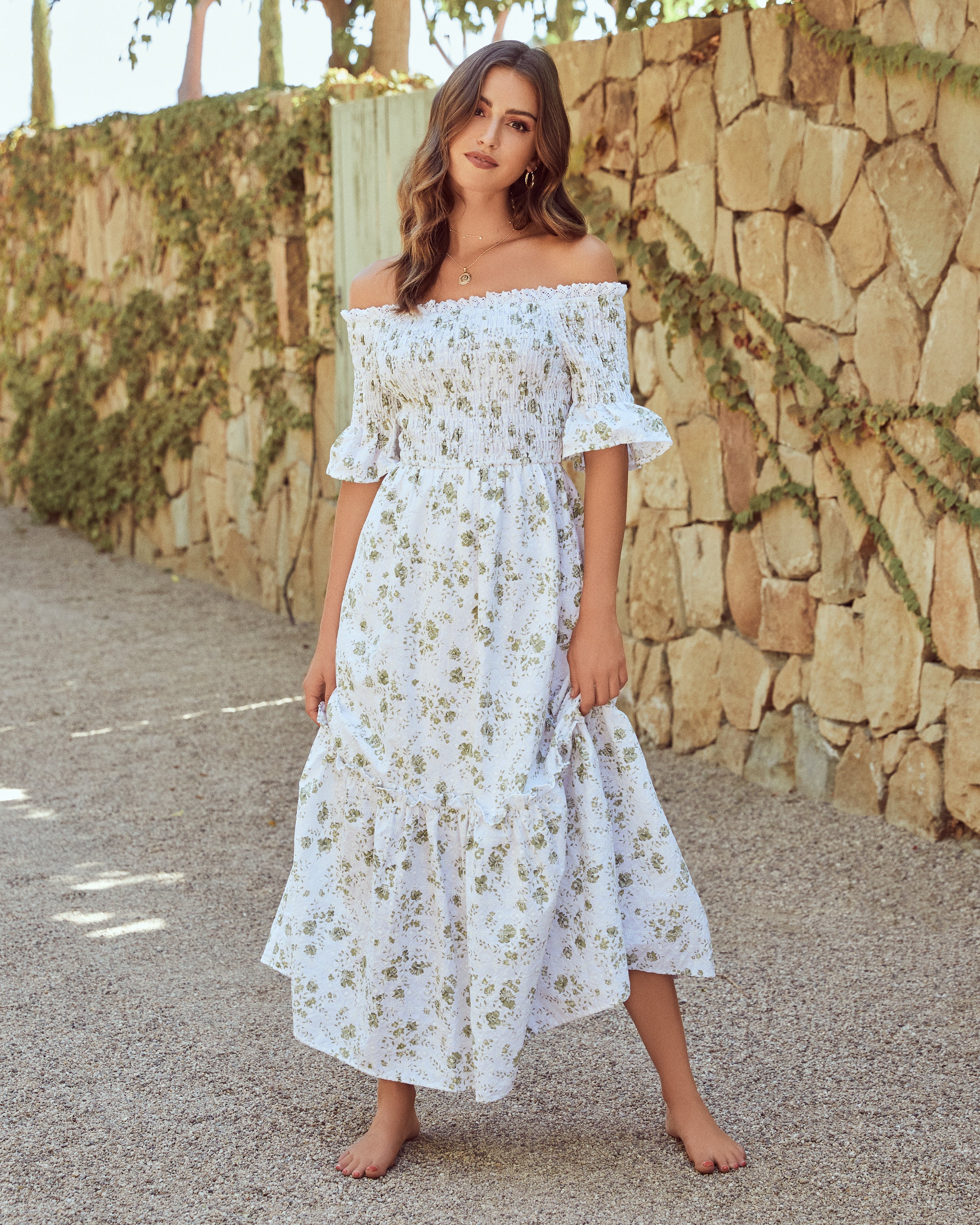 Dasha Cotton Floral Off The Shoulder Maxi Dress - Sage - FINAL SALE JUST-001