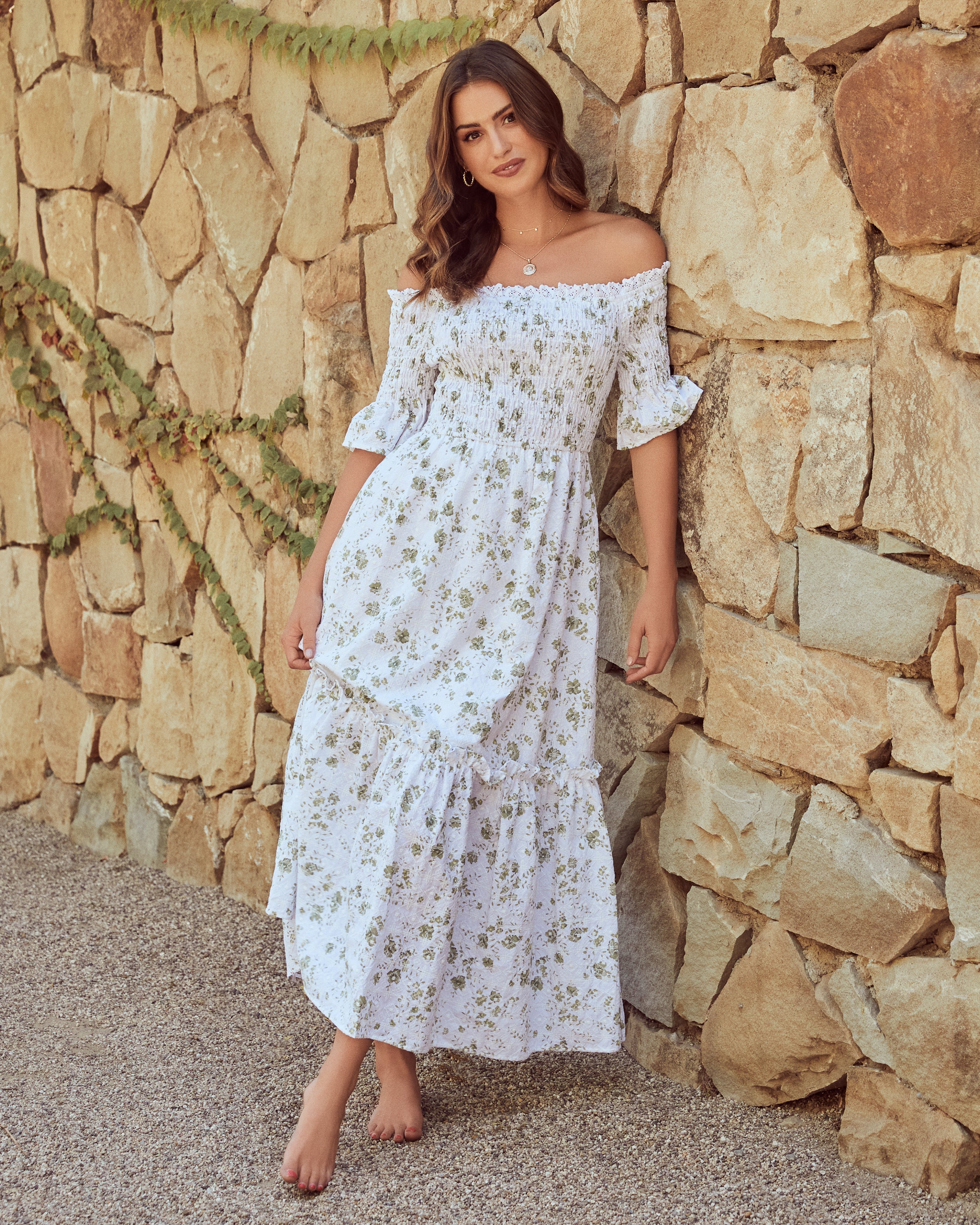 Dasha Cotton Floral Off The Shoulder Maxi Dress - Sage - FINAL SALE JUST-001