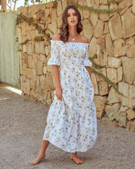 Dasha Cotton Floral Off The Shoulder Maxi Dress - Sage - FINAL SALE JUST-001