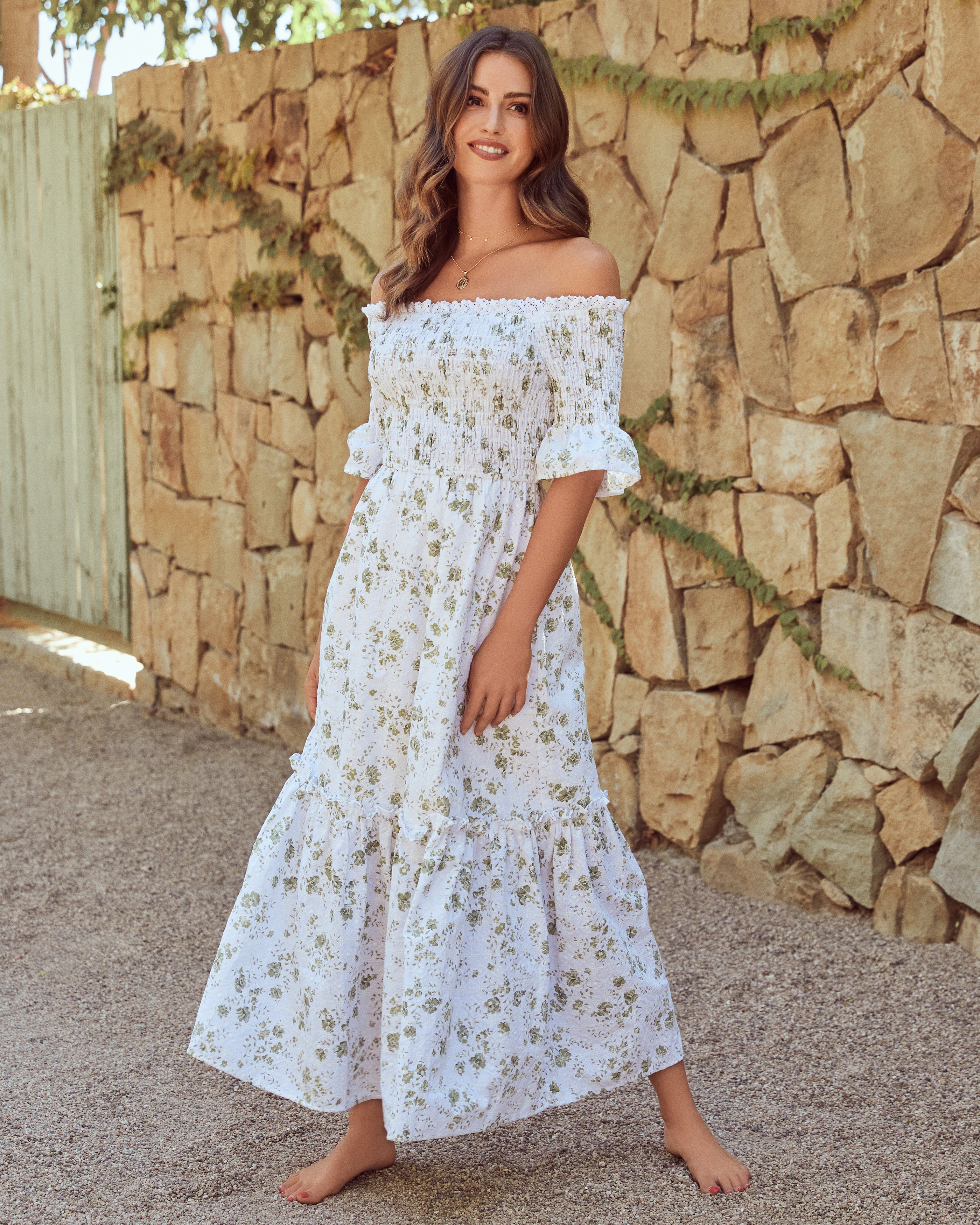 Dasha Cotton Floral Off The Shoulder Maxi Dress - Sage - FINAL SALE JUST-001