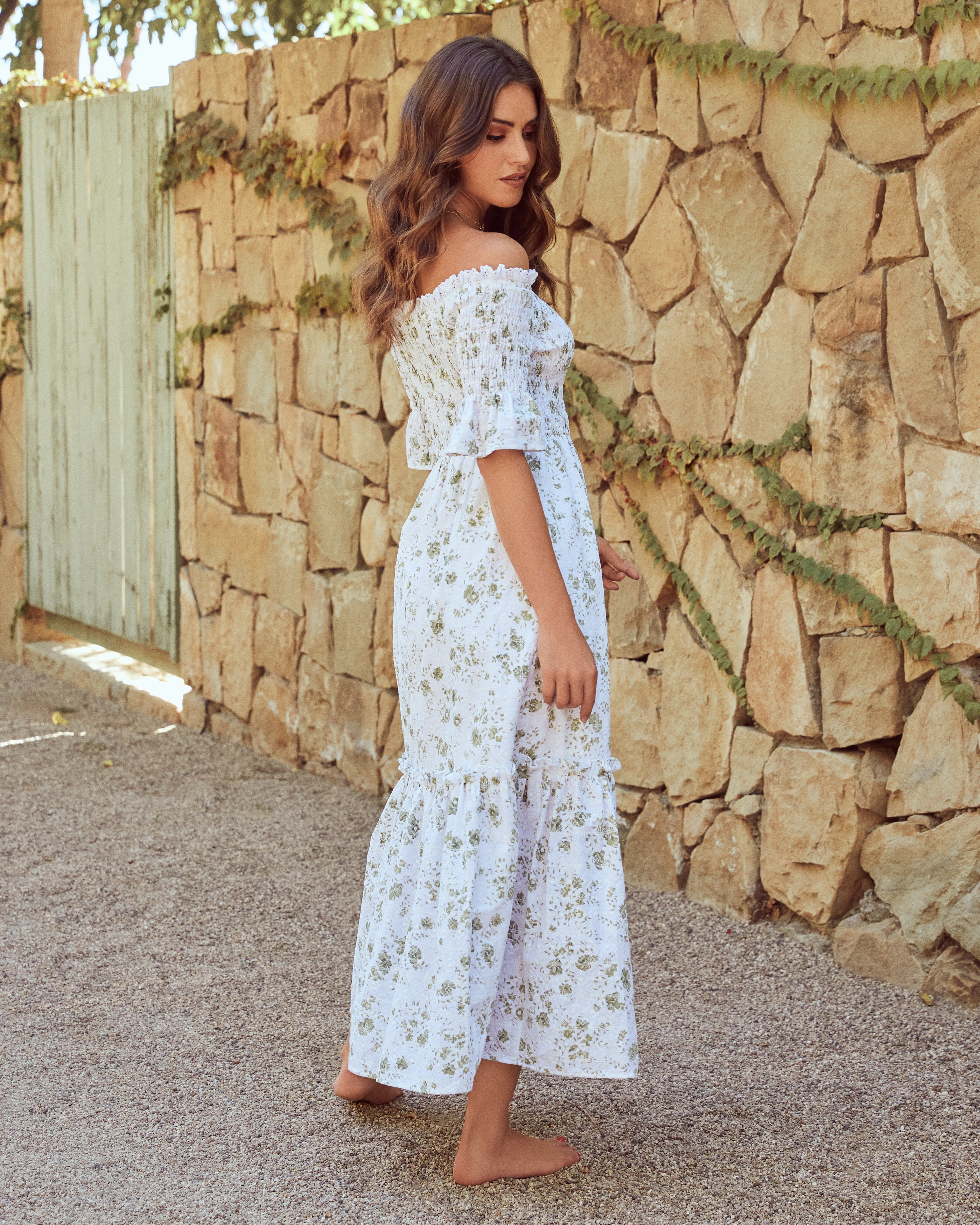 Dasha Cotton Floral Off The Shoulder Maxi Dress - Sage - FINAL SALE JUST-001