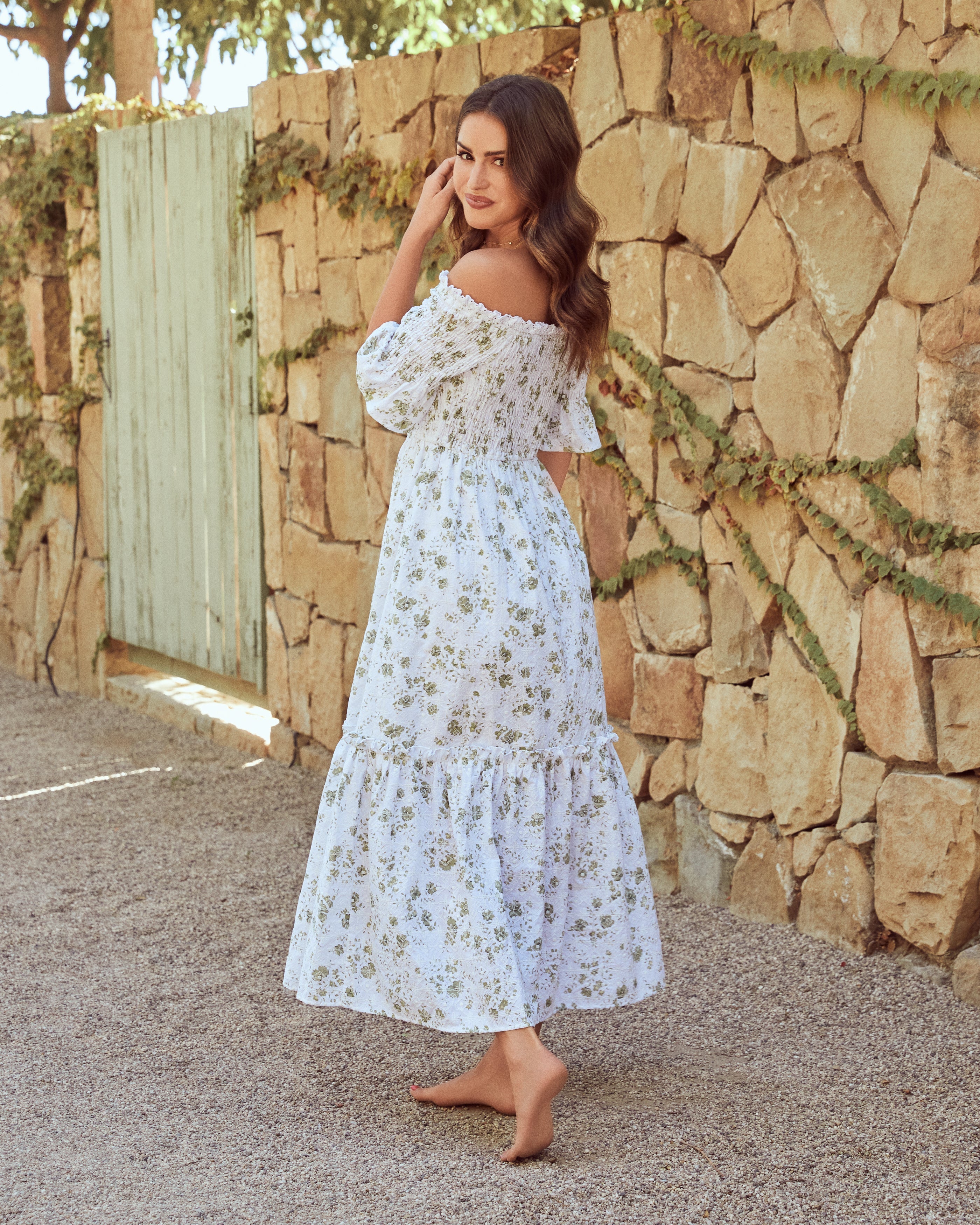 Dasha Cotton Floral Off The Shoulder Maxi Dress - Sage - FINAL SALE JUST-001