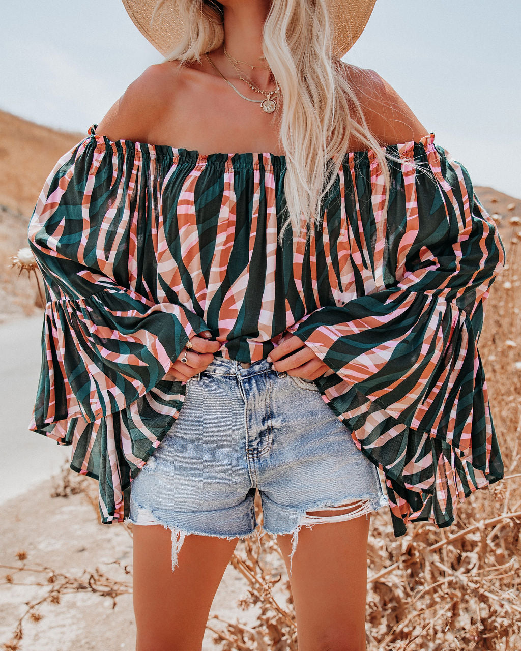 Duet Printed Off The Shoulder Bell Sleeve Top Ins Street