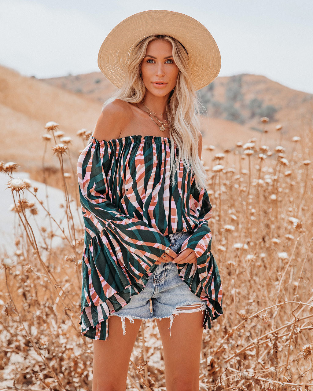 Duet Printed Off The Shoulder Bell Sleeve Top Ins Street