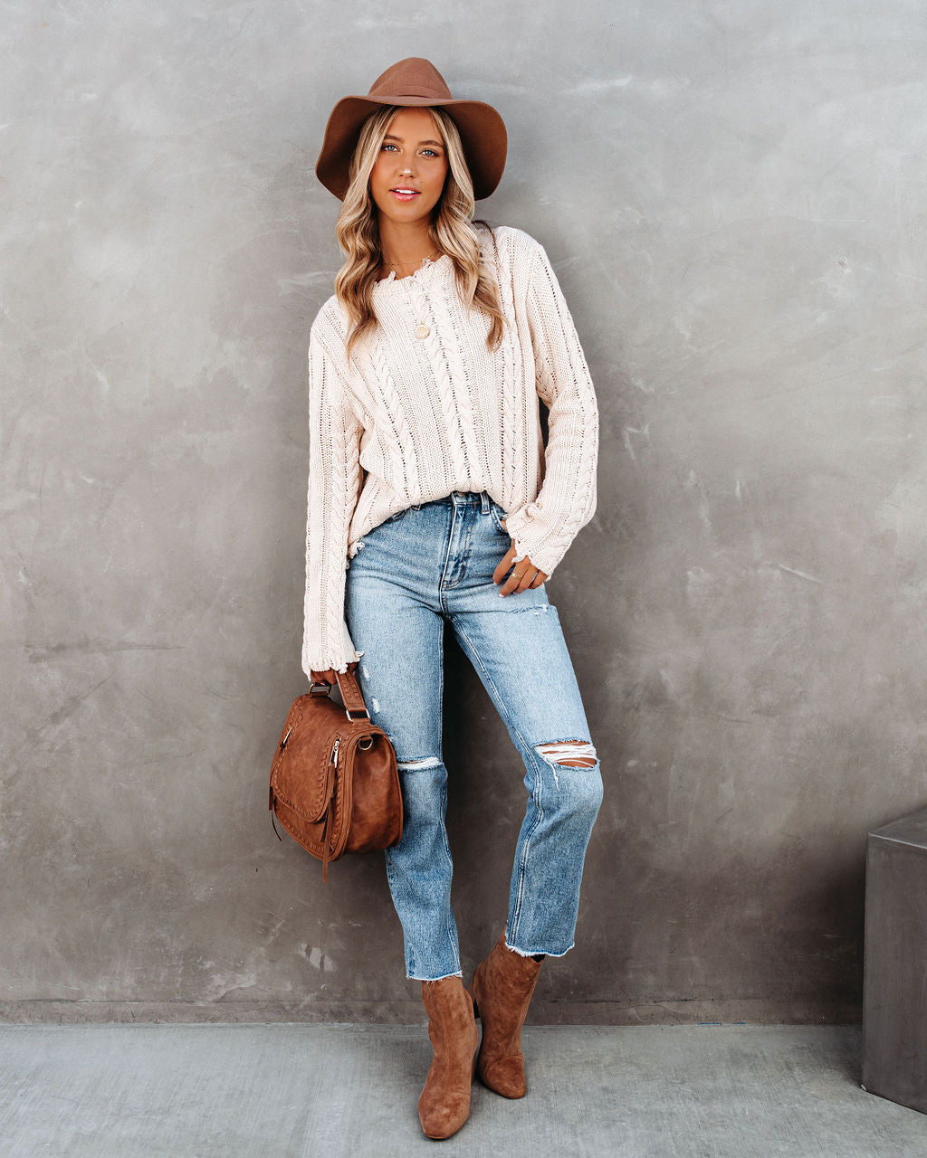 Dacey Distressed Cable Knit Sweater - Cream FLAW-001