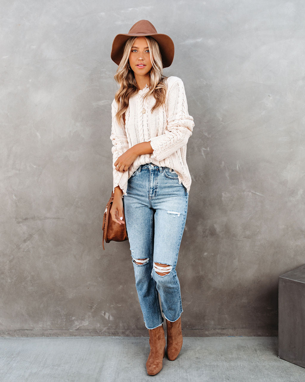 Dacey Distressed Cable Knit Sweater - Cream FLAW-001