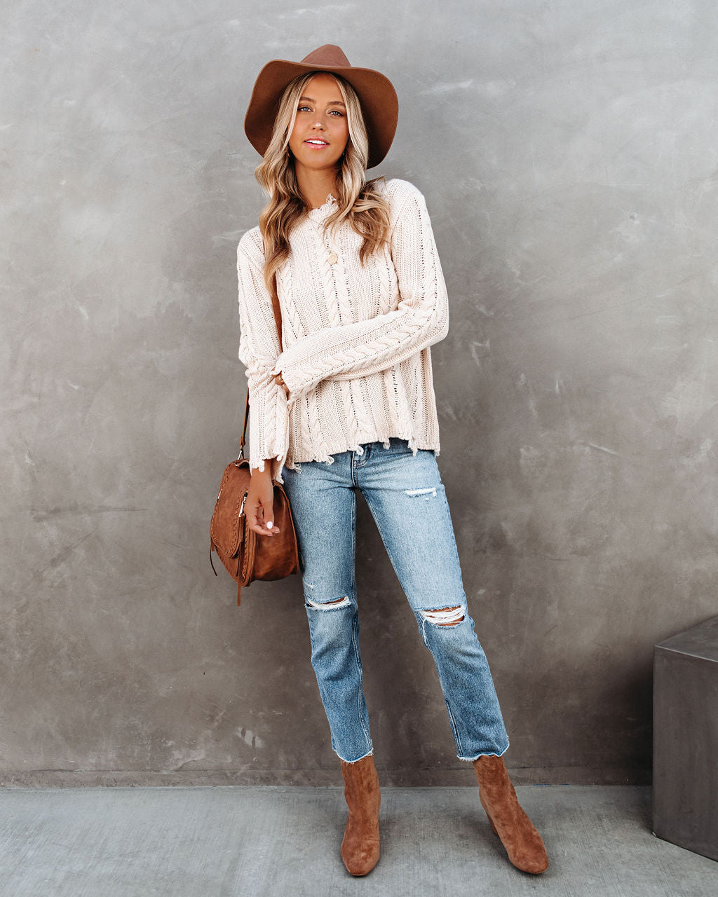 Dacey Distressed Cable Knit Sweater - Cream FLAW-001