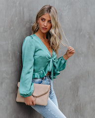 Davi Satin Tie Front Crop Blouse - Seafoam SAGE-001