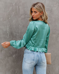 Davi Satin Tie Front Crop Blouse - Seafoam SAGE-001