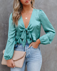 Davi Satin Tie Front Crop Blouse - Seafoam SAGE-001