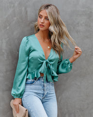 Davi Satin Tie Front Crop Blouse - Seafoam SAGE-001