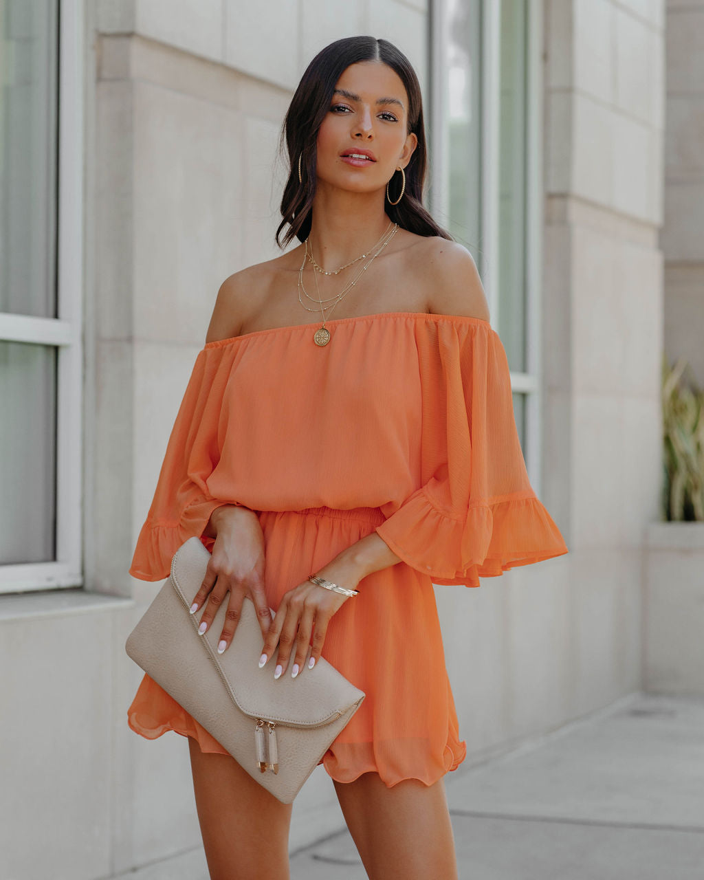 Definitely Demure Off The Shoulder Chiffon Romper - Orange ENDL-001