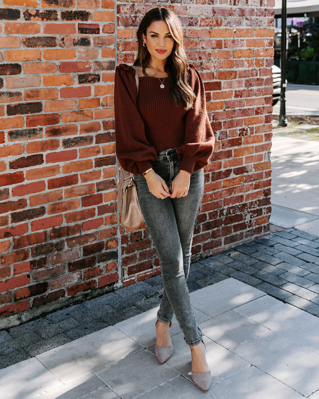 Kodi Ribbed Puff Sleeve Knit Sweater - Brown Ins Street