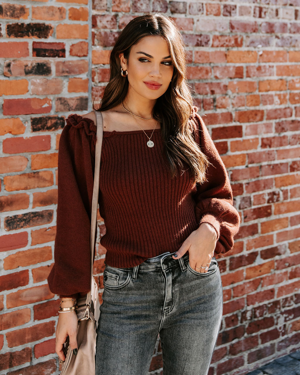 Kodi Ribbed Puff Sleeve Knit Sweater - Brown Ins Street