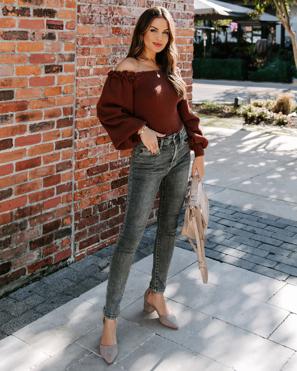 Kodi Ribbed Puff Sleeve Knit Sweater - Brown Ins Street