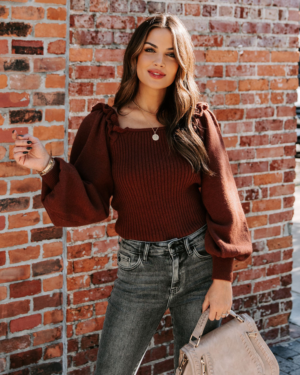 Kodi Ribbed Puff Sleeve Knit Sweater - Brown Ins Street