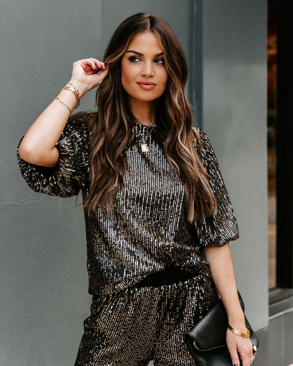 Ziah Sequin Puff Sleeve Blouse - Black Ins Street