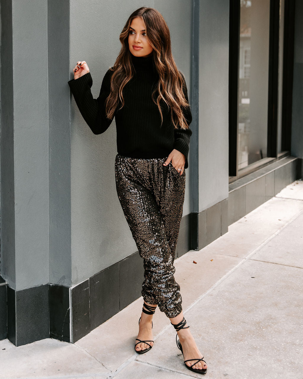 Ziah Pocketed Sequin Joggers - Black Ins Street