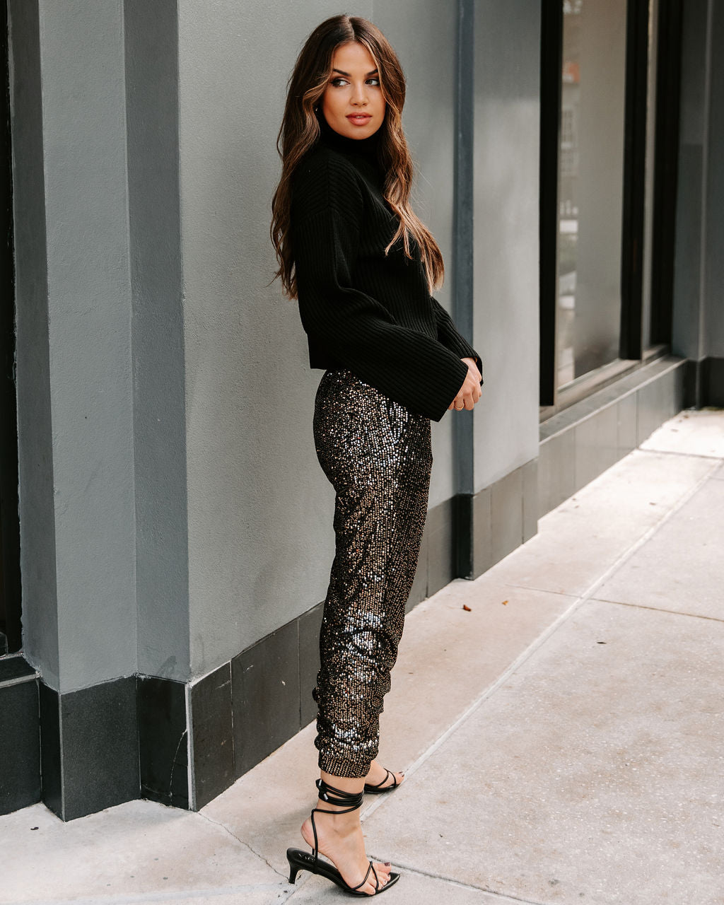 Ziah Pocketed Sequin Joggers - Black Ins Street