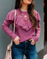 Vihana Crochet Ruffle Knit Sweater - Dark Rose Ins Street