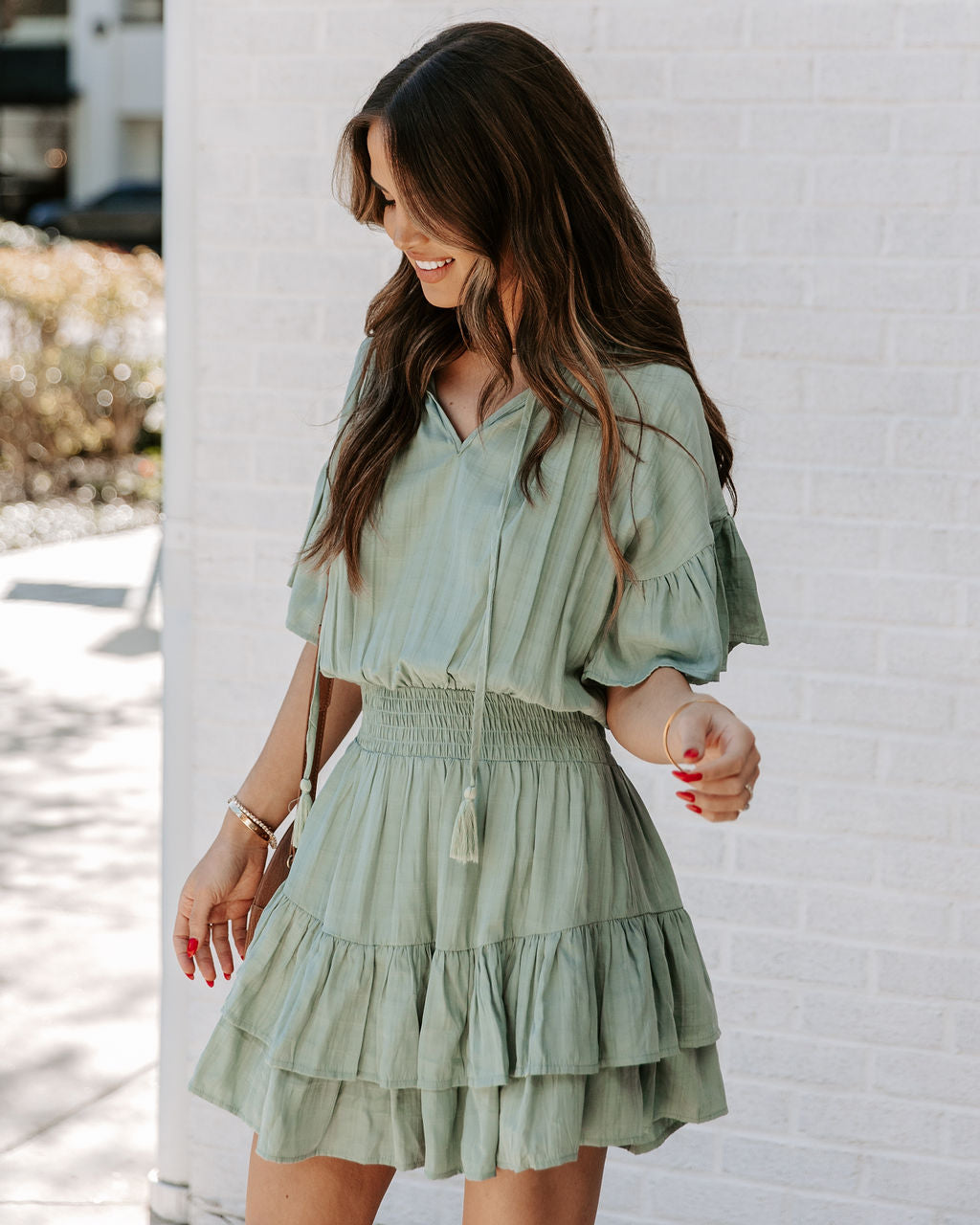 Slow It Down Smocked Tassel Dress - Sage Ins Street