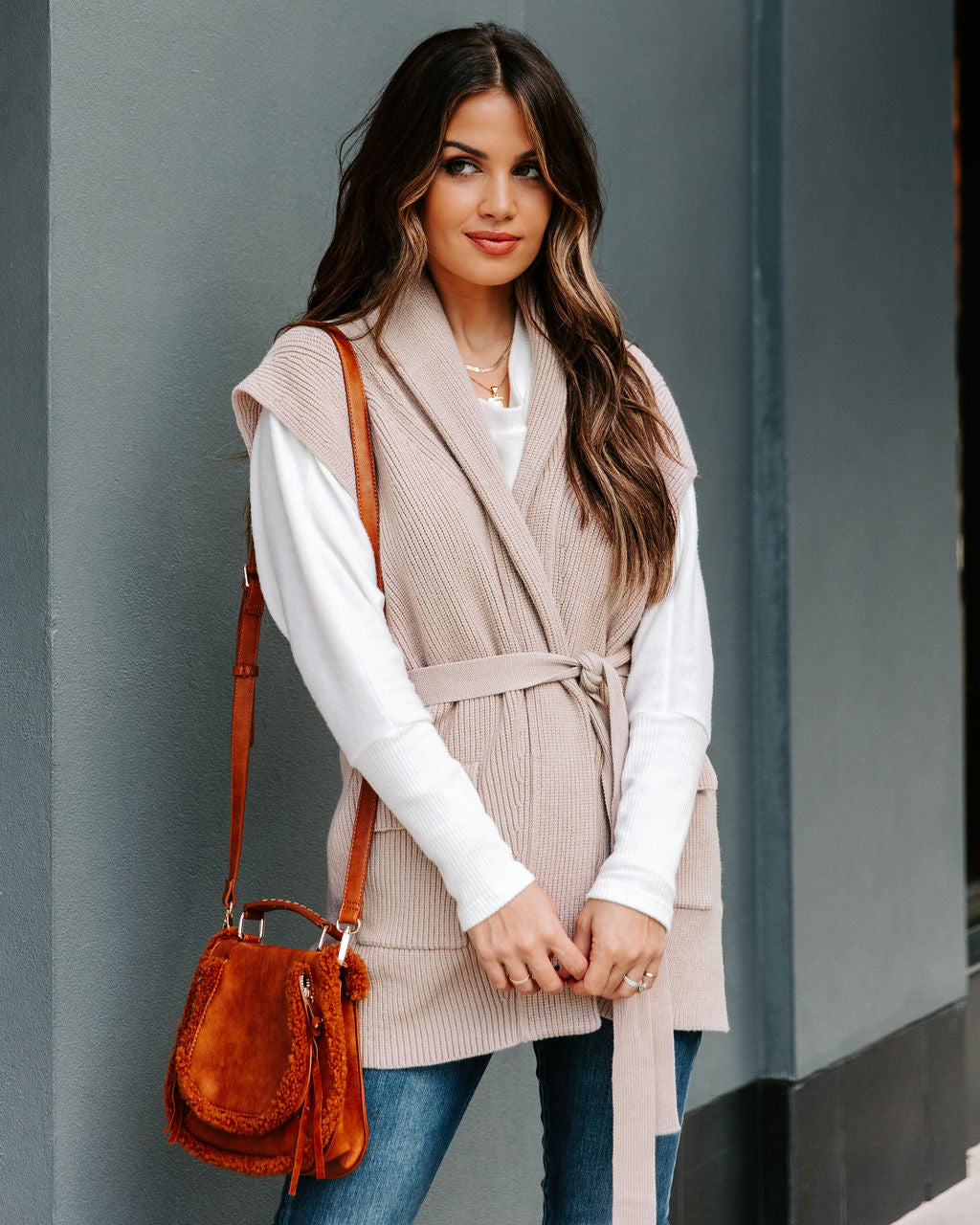 Deegan Pocketed Belted Sweater Vest - Taupe FLAT-001