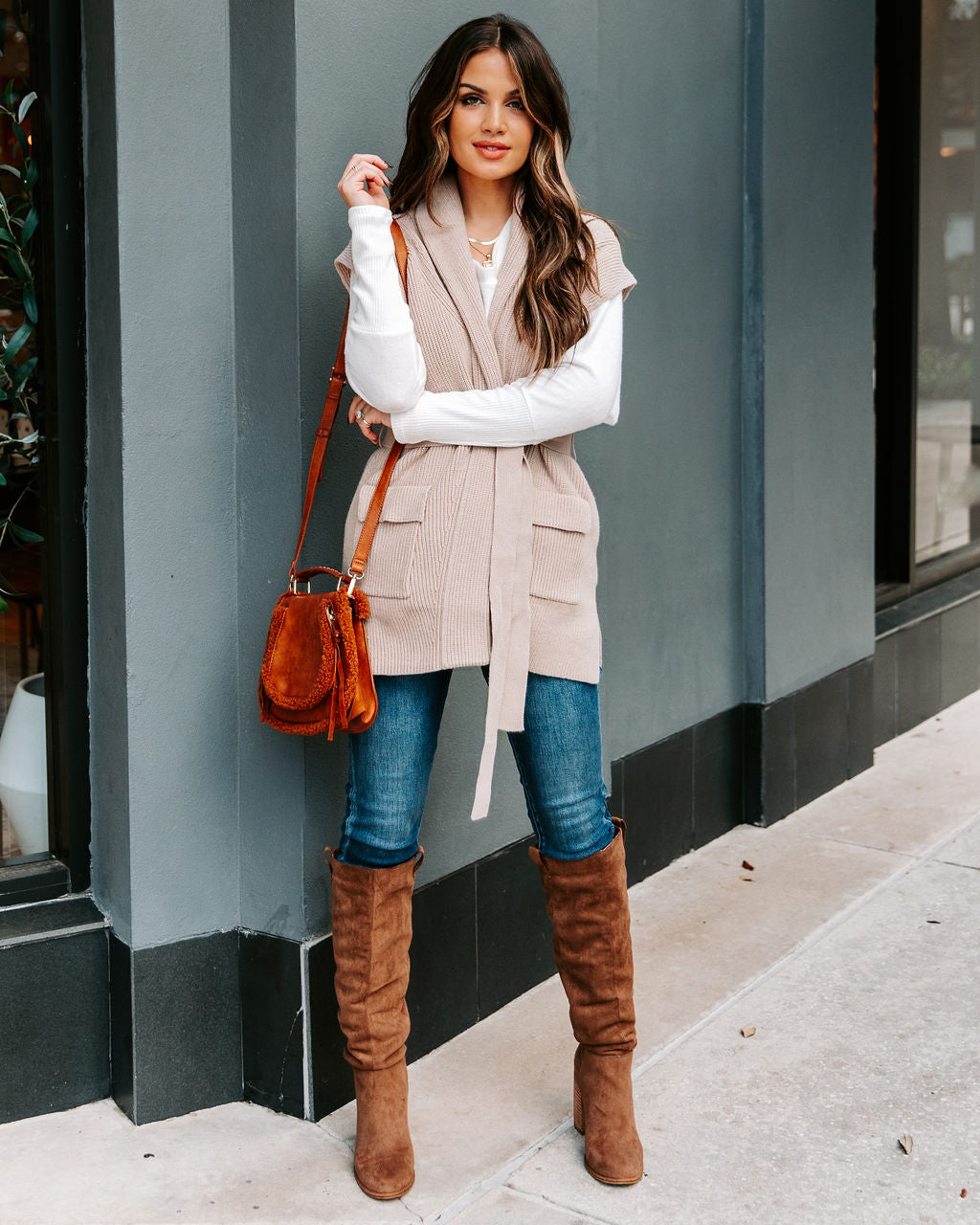 Deegan Pocketed Belted Sweater Vest - Taupe FLAT-001