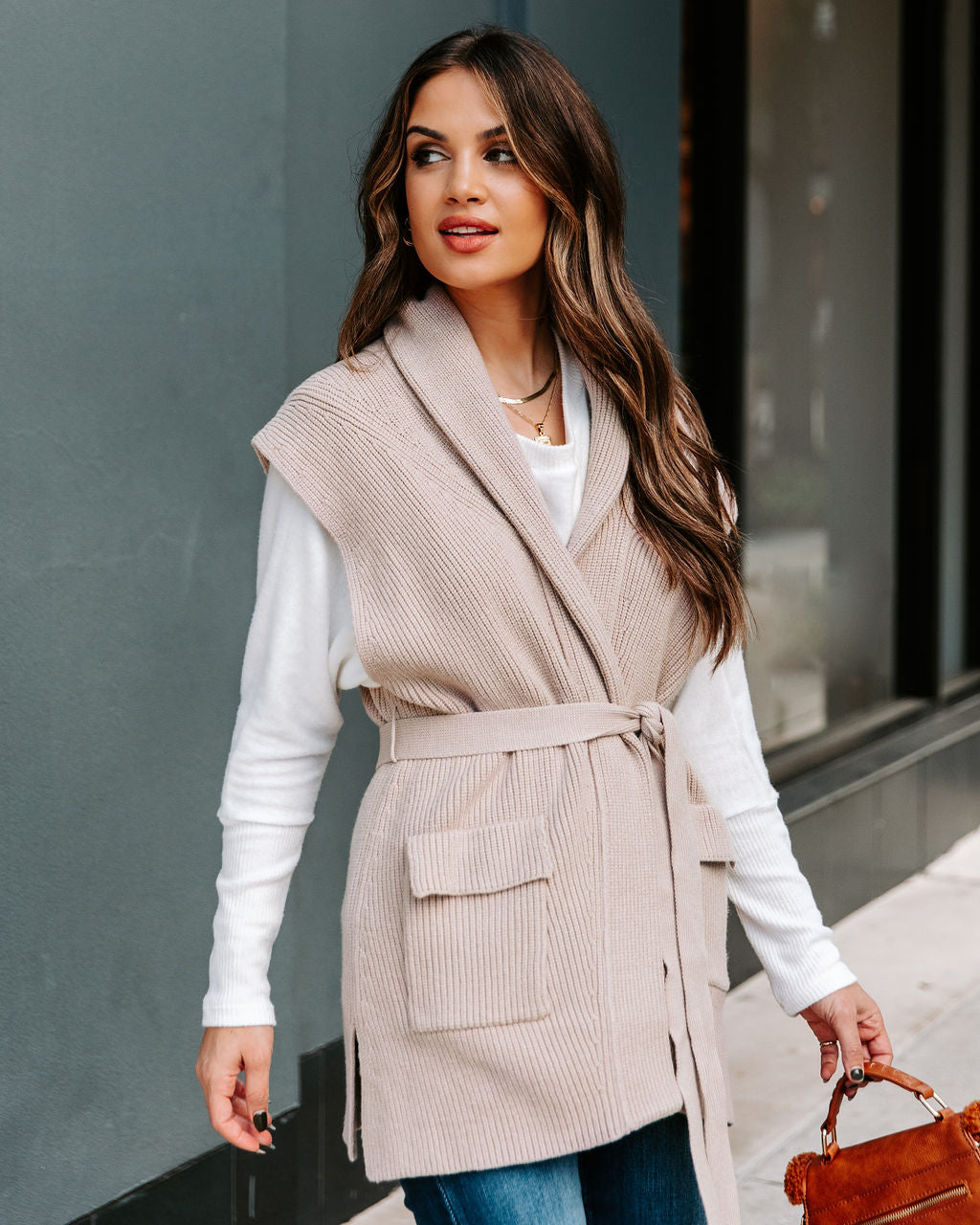 Deegan Pocketed Belted Sweater Vest - Taupe FLAT-001