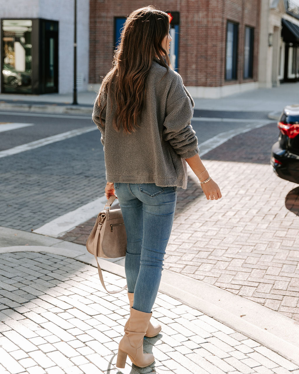 Martha Pocketed Drape Sherpa Jacket - Charcoal Ins Street