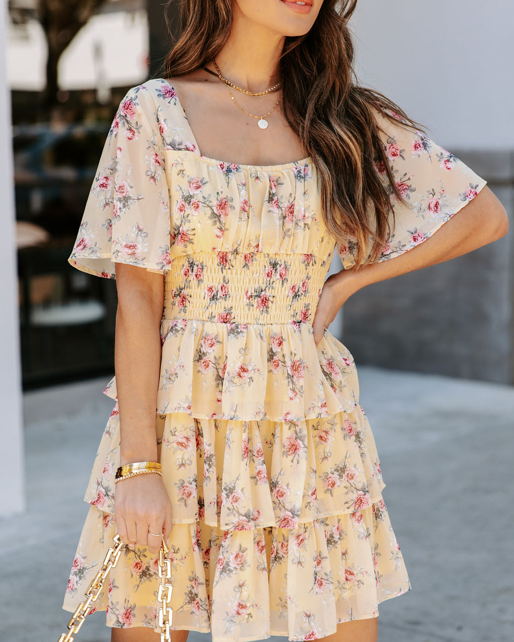 Brianna Floral Ruffle Tiered Dress - Yellow Ins Street