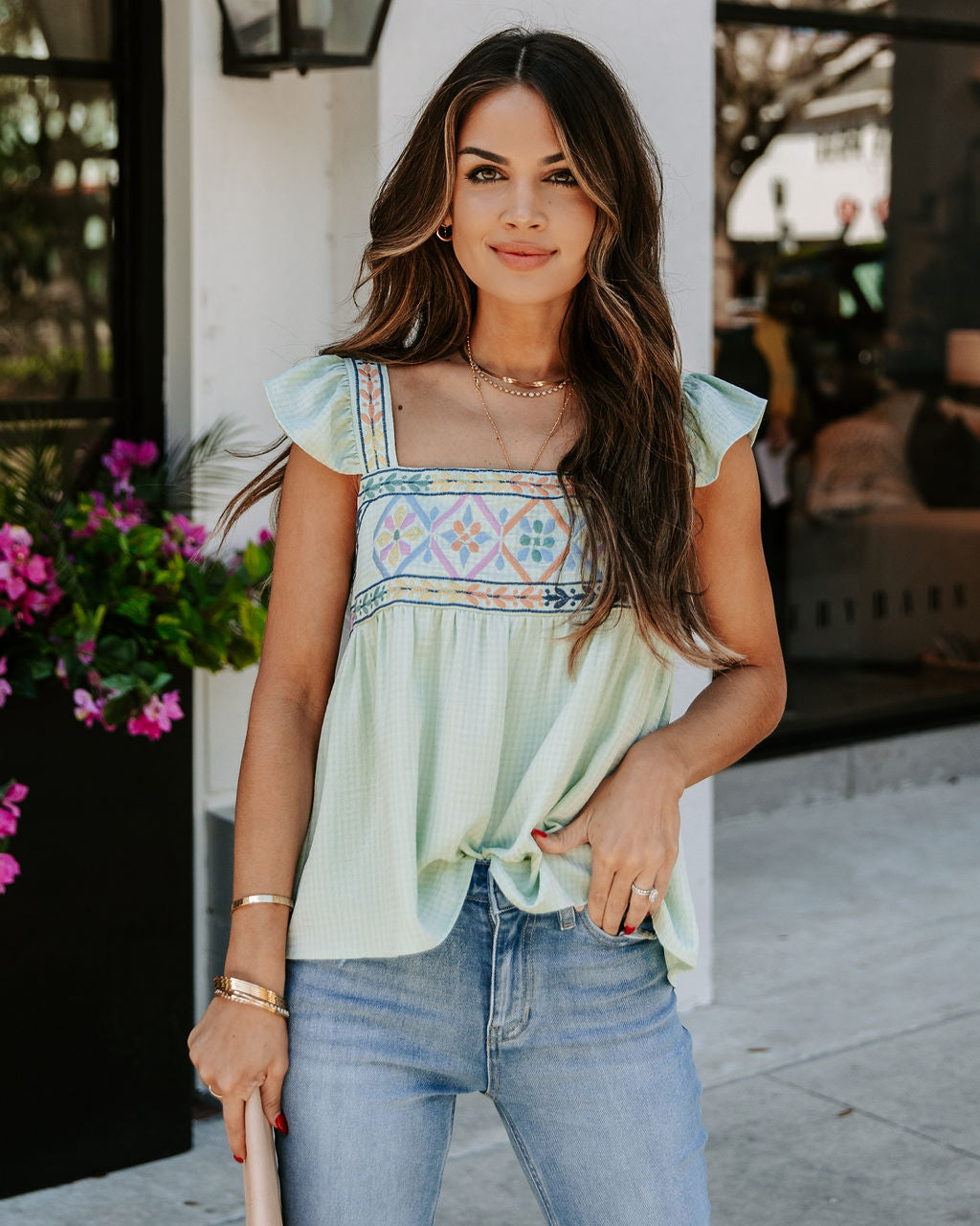 Granite Embroidered Babydoll Top - Mint Ins Street