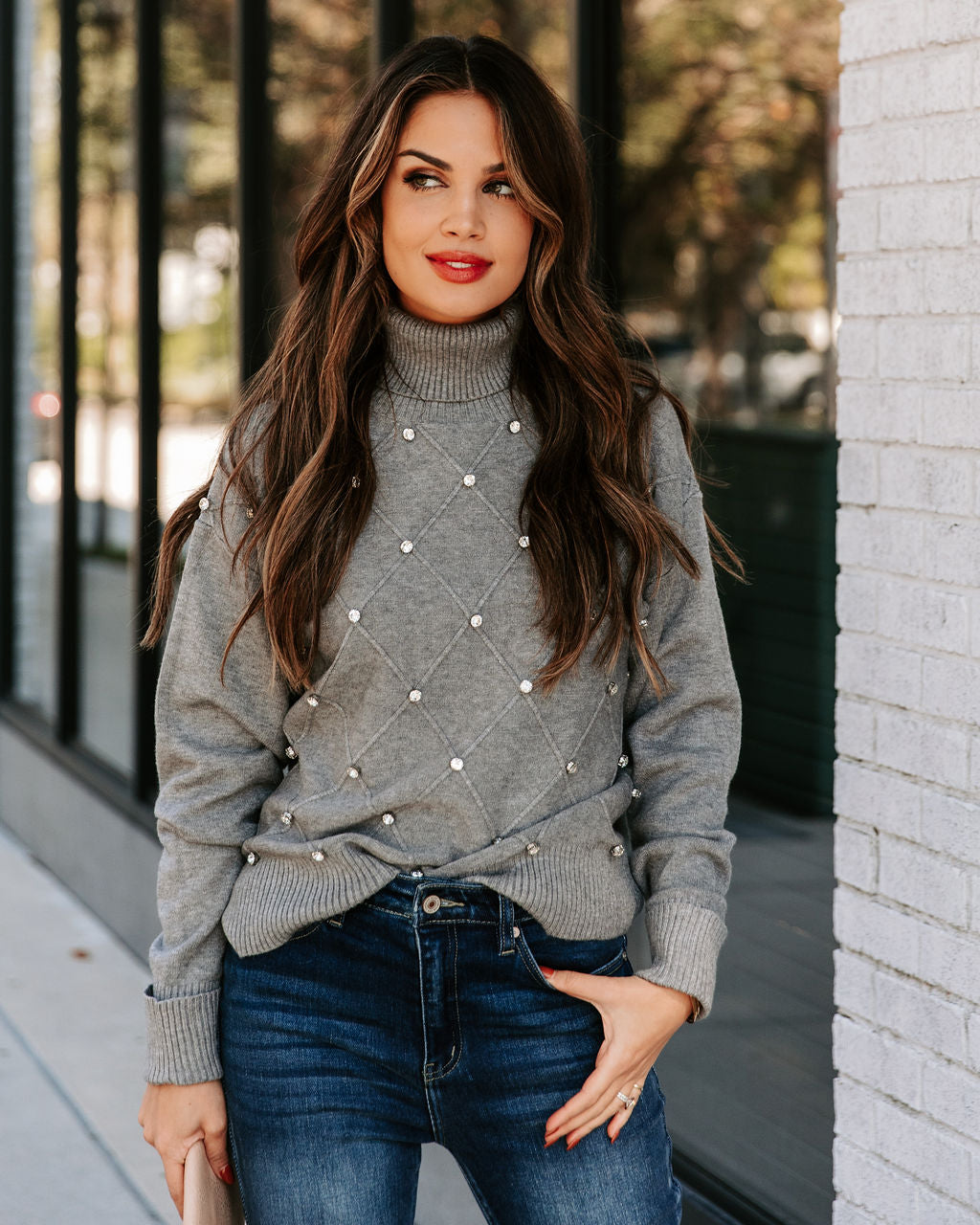 Barri Embellished Turtleneck Sweater - Heather Grey InsStreet