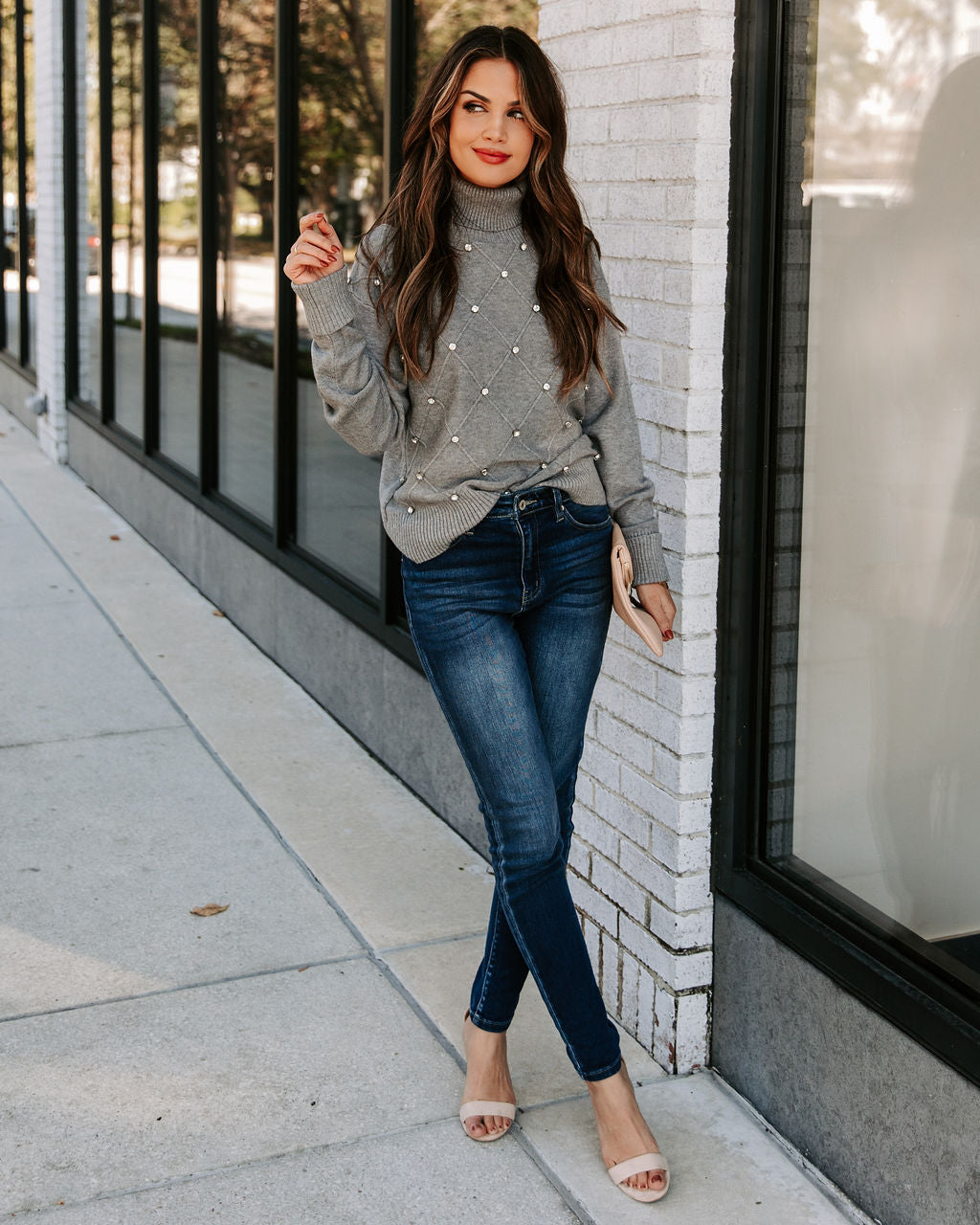 Barri Embellished Turtleneck Sweater - Heather Grey InsStreet