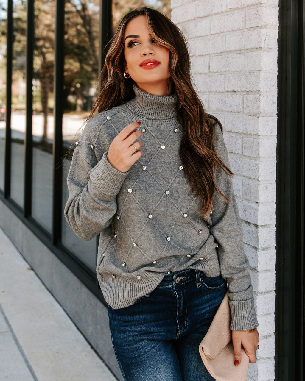 Barri Embellished Turtleneck Sweater - Heather Grey InsStreet