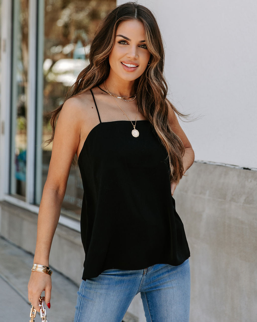 Crest Square Neck Cami Tank - Black MOD -001