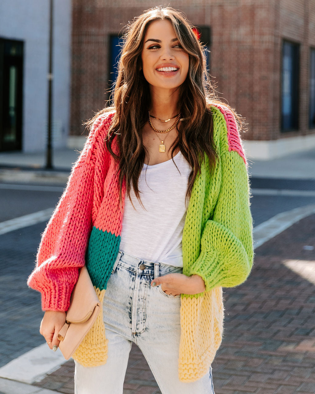 Courage Pocketed Colorblock Knit Cardigan - Bright Pink Multi - FINAL SALE LIST-001