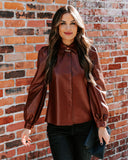 Akira Button Down Faux Leather Top - Brown FATE-001