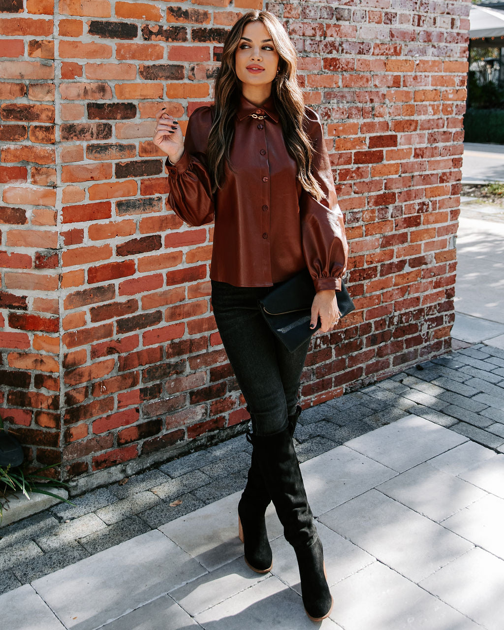 Akira Button Down Faux Leather Top - Brown FATE-001