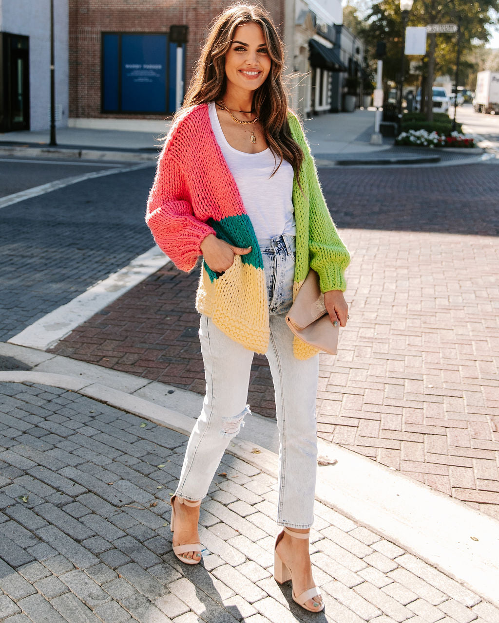 Courage Pocketed Colorblock Knit Cardigan - Bright Pink Multi - FINAL SALE LIST-001