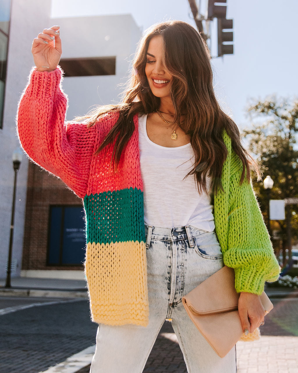 Courage Pocketed Colorblock Knit Cardigan - Bright Pink Multi - FINAL SALE LIST-001