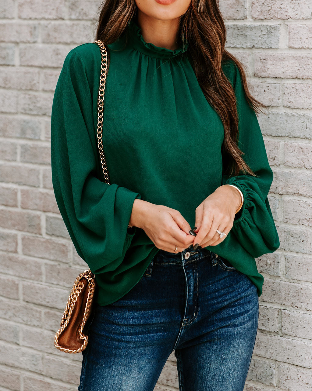 Zea Ruffle Mock Neck Blouse - Hunter Green Ins Street