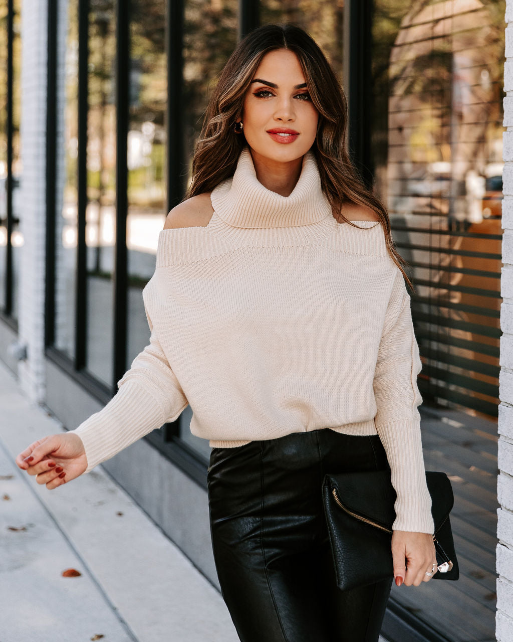 Rikki Cold Shoulder Turtleneck Knit Sweater - Cream Ins Street