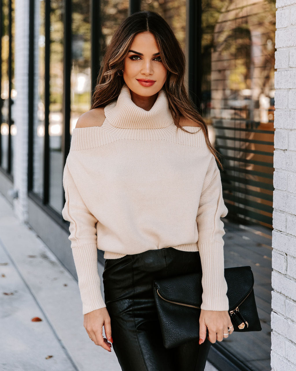 Rikki Cold Shoulder Turtleneck Knit Sweater - Cream Ins Street