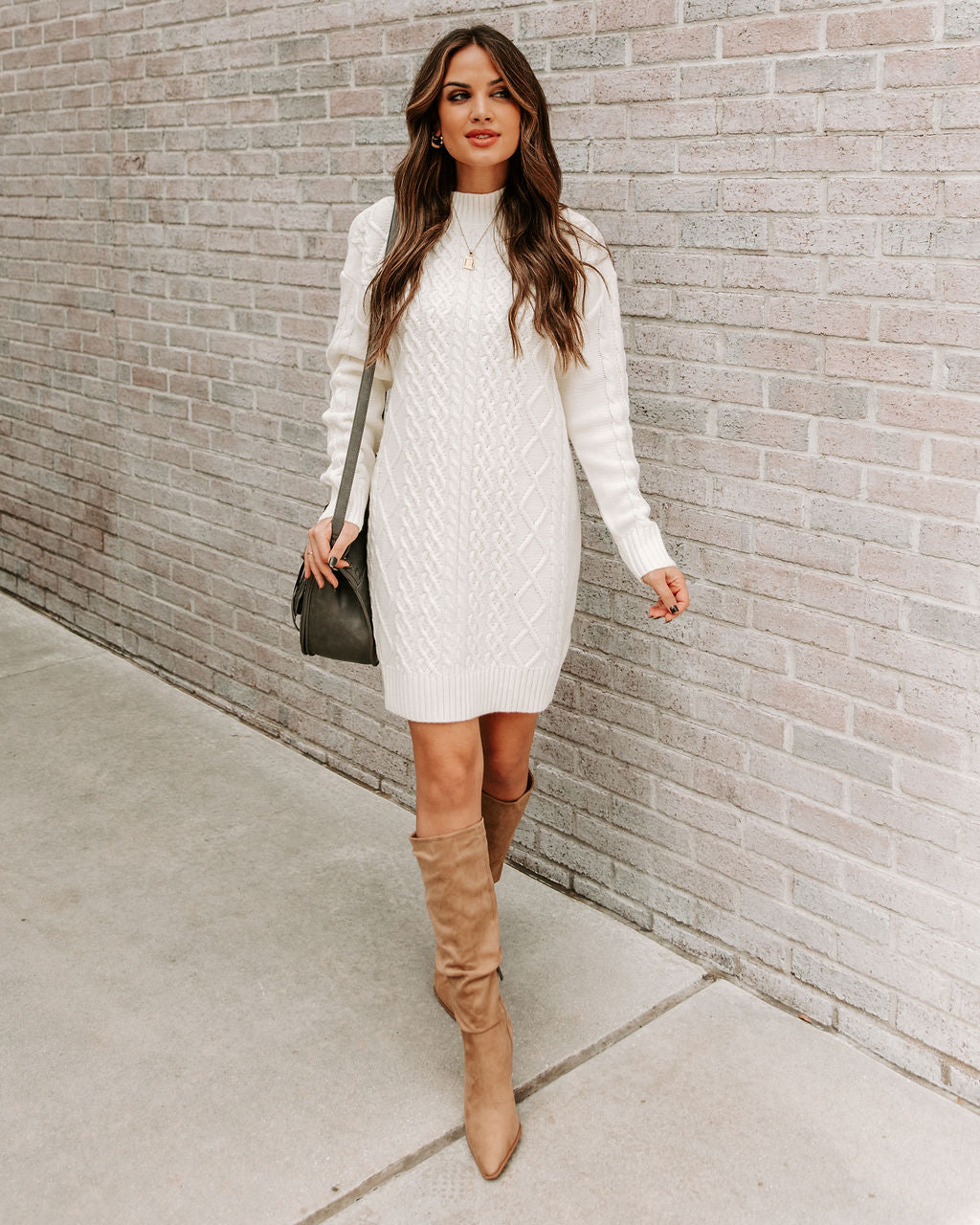 Snow Peak Cable Knit Sweater Dress - Cream Ins Street