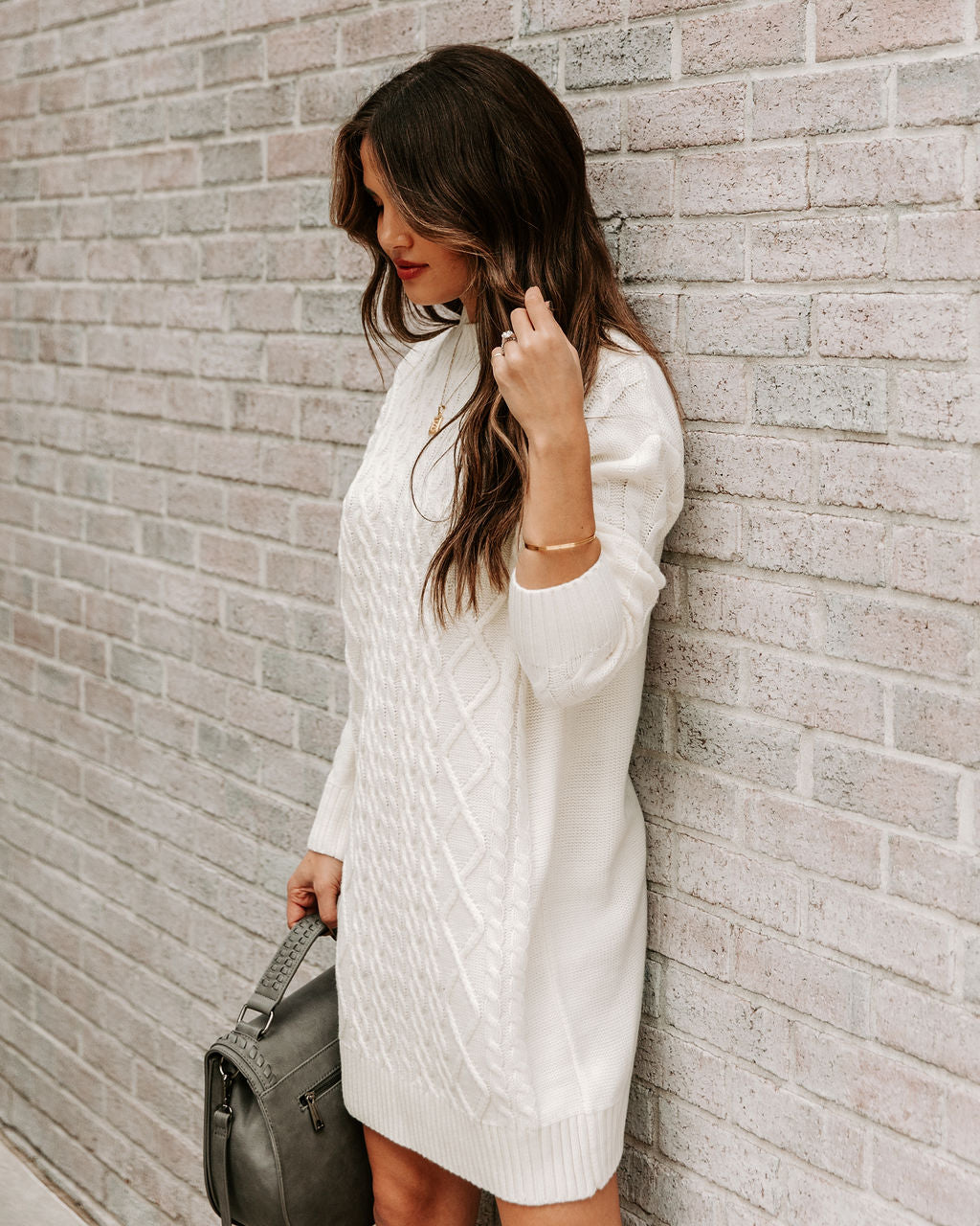 Snow Peak Cable Knit Sweater Dress - Cream Ins Street