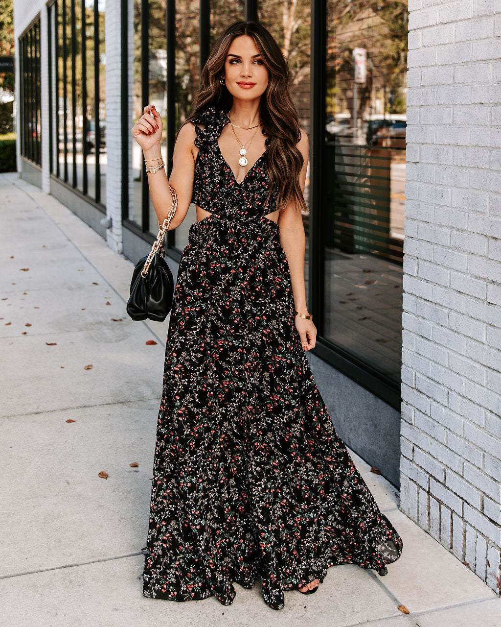 Charlotta Floral Ruffle Cutout Maxi Dress - Black - FINAL SALE Ins Street