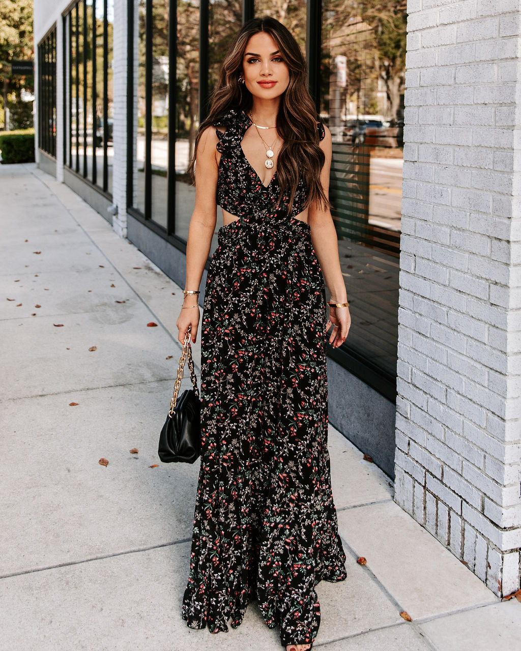 Charlotta Floral Ruffle Cutout Maxi Dress - Black - FINAL SALE Ins Street